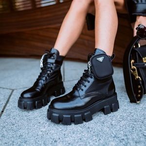 Prada monolith leather and re-nylon boots with pouch